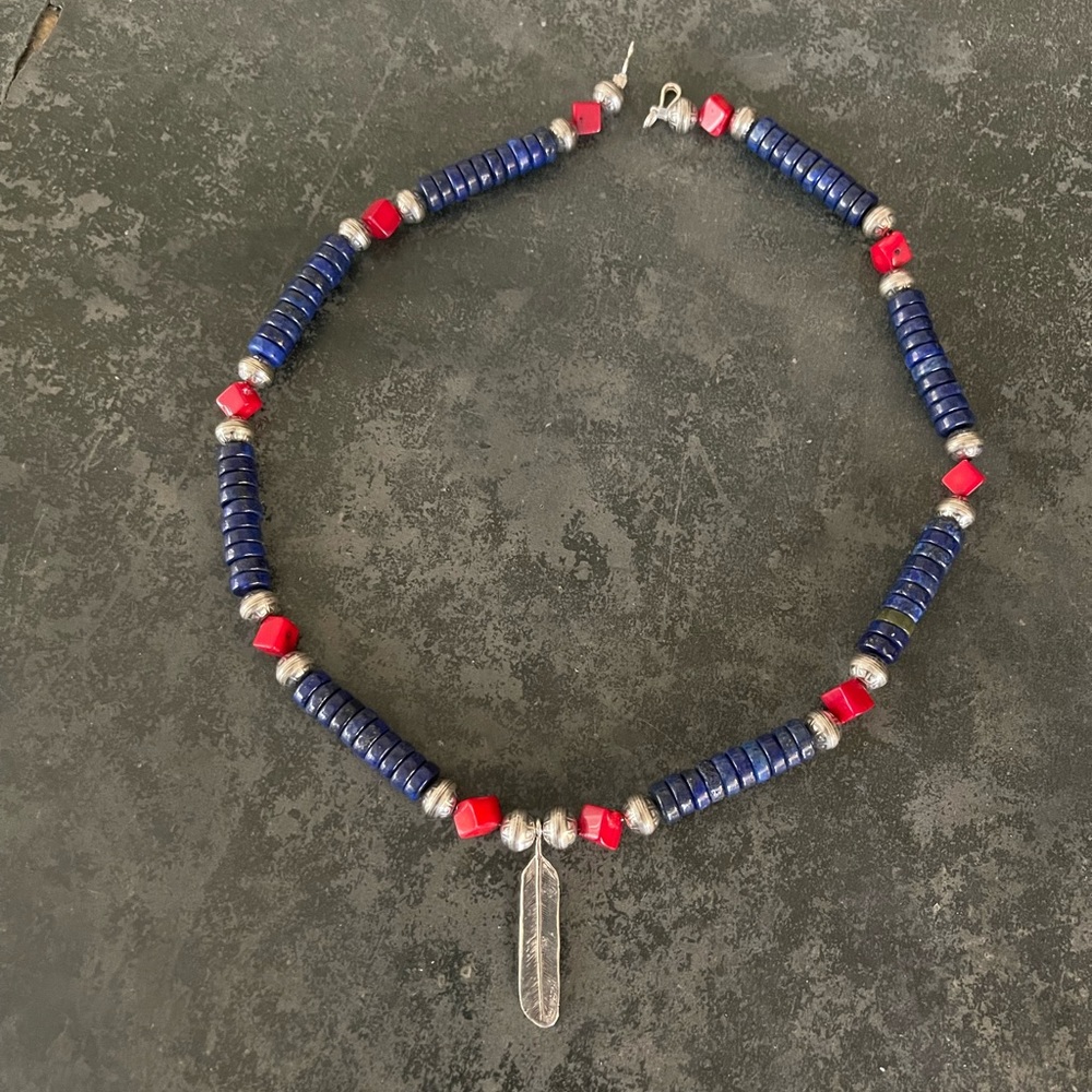 Hand Crafted “One of a Kind”  Lapis Lazuli & Red Coral, Sterling Silver Choker